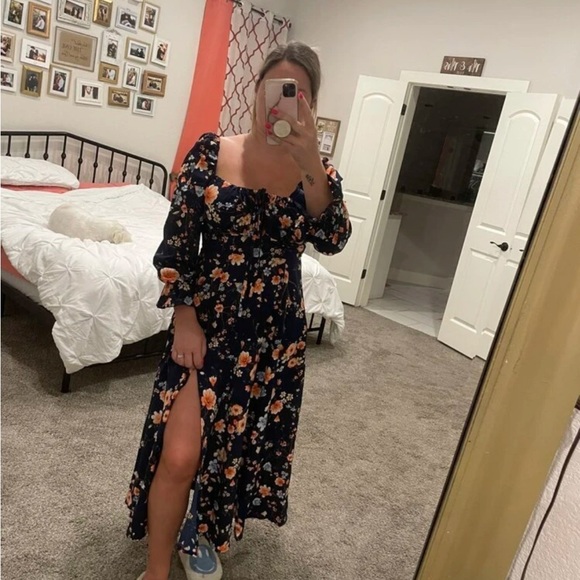 Floral Dress Square Neck Fit & Flare Maxi Long Sleeve Leg Slit Front Ties Blue - Picture 13 of 16